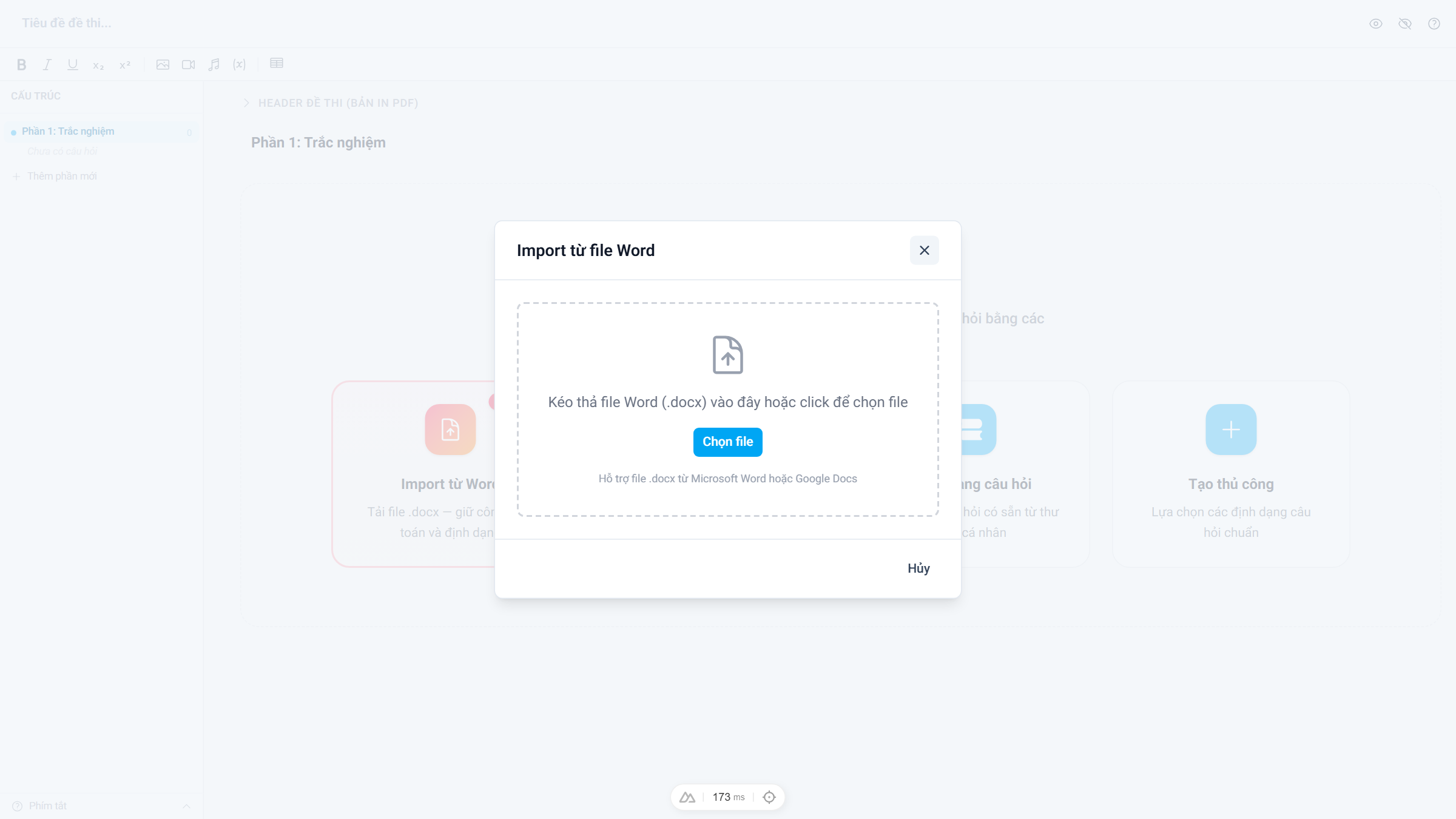 Kéo thả file .docx vào khung hoặc bấm "Chọn file" — hệ thống tự tách câu hỏi, giữ công thức toán và định dạng.